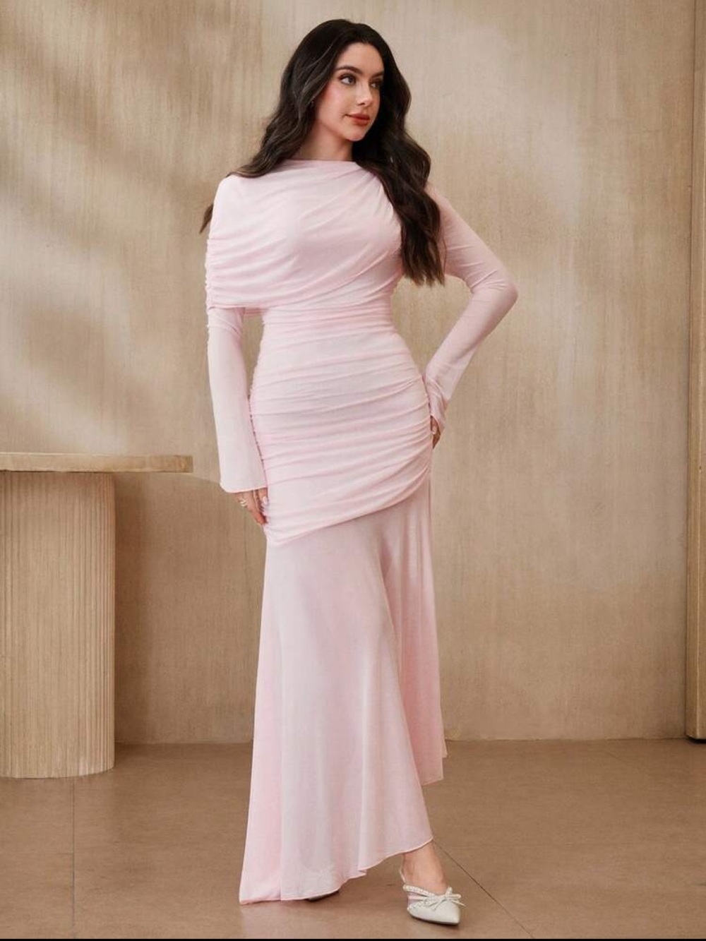 DRAPED PLEATED DRESS LIGHT PINK